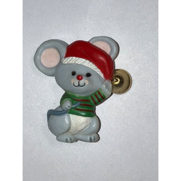 Vintage Hallmark Christmas Mouse Pin Brooch With Santa Hat & and Bell - Picture 1 of 7
